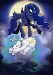 Size: 600x849 | Tagged: safe, artist:piripaints, princess celestia, princess luna, alicorn, pony, g4, cloud, cute, moon, night, prone, royal sisters, sisters, sleeping