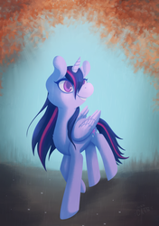 Size: 1247x1772 | Tagged: safe, artist:miss-cats, twilight sparkle, alicorn, pony, g4, autumn, female, grin, mare, rain, solo, twilight sparkle (alicorn), wet mane