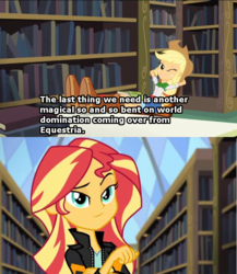Size: 632x728 | Tagged: safe, applejack, sunset shimmer, equestria girls, g4, my little pony equestria girls: friendship games, image macro, implying, meme, quote, smirk, wink