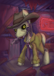 Size: 2330x3296 | Tagged: safe, artist:cazra, oc, oc only, oc:nicker valentine, pony, robot, fallout equestria, detective, fallout, fallout 4, gun, handgun, high res, nick valentine, ponified, revolver, synth, synth (fallout 4), weapon