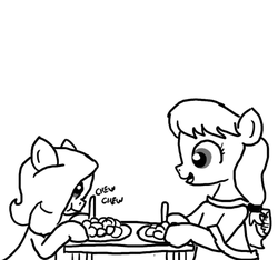 Size: 640x600 | Tagged: safe, artist:ficficponyfic, oc, oc only, oc:emerald jewel, oc:hope blossoms, pony, colt quest, adult, chewing, child, colt, eating, explicit source, female, foal, food, male, mare, plate, potato, story included, table