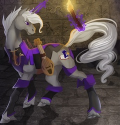 Size: 642x670 | Tagged: safe, artist:sitaart, oc, oc only, oc:mythos gray, pony, unicorn, ponyfinder, bard, commission, cover art, crossover, dungeons and dragons, fantasy class, hieroglyphics, horn, kickstarter, magic, male, musical instrument, pathfinder, pen and paper rpg, pocket watch, roleplaying, rpg, ruins, solo, stallion, telekinesis, torch, violin, watch
