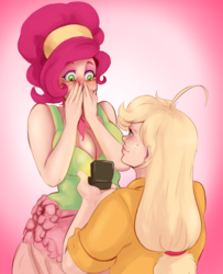 Size: 1128x1387 | Tagged: safe, artist:sundown, derpibooru exclusive, applejack, cherry jubilee, human, g4, blushing, breasts, busty cherry jubilee, commission, crying, female, freckles, humanized, lesbian, marriage proposal, redhead, ship:cherryjack, shipping, tears of joy