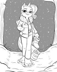 Size: 960x1212 | Tagged: safe, artist:kuroi-wolf, rarity, anthro, plantigrade anthro, g4, barefoot, blushing, clothes, denim, feet, female, footprint, jeans, long pants, monochrome, pants, smiling, smug, snow, snowfall, solo, toes, winter, winter outfit