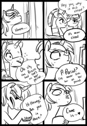 Size: 1280x1852 | Tagged: safe, artist:glacierclear, princess cadance, shining armor, g4, comic, dialogue, menstruation, monochrome, princess bitchdance, royal guard, speech bubble