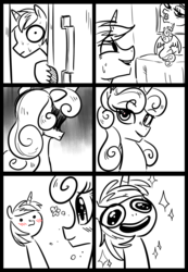 Size: 1280x1852 | Tagged: safe, artist:glacierclear, princess cadance, shining armor, g4, bed, bedroom eyes, blushing, comic, frown, hidden eyes, monochrome, nervous, open mouth, princess bitchdance, sitting, smiling, sparkles, wide eyes