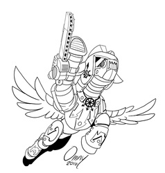 Size: 800x839 | Tagged: safe, artist:omny87, oc, oc only, pegasus, pony, fanfic:iron hearts, armor, chainsaw, chaos, chaos star, commission, flying, monochrome, warhammer (game), warhammer 40k, weapon