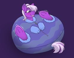 Size: 916x709 | Tagged: safe, artist:caroo, oc, oc only, oc:violet butter, earth pony, pony, bondage, cute, female, gradient background, imminent tickles, mare, on back, pillow, silly, smiling, solo, underhoof