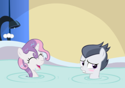 Size: 900x630 | Tagged: safe, artist:lunaticdawn, rumble, sweetie belle, g4, bath, blushing, duo, female, male, ship:rumbelle, shipping, straight, wet mane