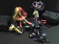 Size: 640x480 | Tagged: safe, aria blaze, sunset shimmer, g4, bruticus, combaticons, combiner, fall of cybertron, female, gestalt, irl, microblaze creations, photo, third party toy, toy, toy abuse, transformers