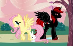 Size: 1280x800 | Tagged: safe, artist:tenshikui, angel bunny, oc, oc:scarlet shade, alicorn, pegasus, pony, g4, alicorn oc, blush sticker, blushing, bush, couple, crossed arms, donut steel, edgy, happy, looking at each other, looking back, quality, raised hoof, red and black oc, sitting, smiling, spread wings, tree