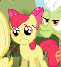 Size: 203x224 | Tagged: safe, screencap, apple bloom, applejack, granny smith, earth pony, pony, g4, the super speedy cider squeezy 6000, adorabloom, animated, butt touch, cute, faic, female, filly, hoof on butt, mare, pat, puppy dog eyes, sad, sadorable