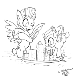 Size: 1280x1293 | Tagged: safe, artist:tsitra360, rumble, thunderlane, pegasus, pony, g4, black and white, brothers, colt, cute, duo, grayscale, male, monochrome, rumblebetes, sandcastle, simple background, spread wings, thunderbetes, white background