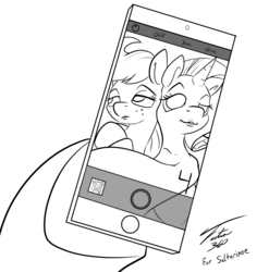 Size: 1280x1293 | Tagged: safe, artist:tsitra360, applejack, rarity, g4, cellphone, monochrome, phone, selfie, smartphone