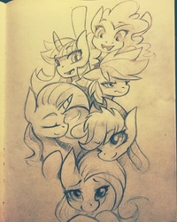 Size: 2448x3060 | Tagged: safe, artist:foxinshadow, applejack, fluttershy, pinkie pie, rainbow dash, rarity, twilight sparkle, g4, high res, mane six, pencil drawing, traditional art