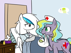 Size: 1107x823 | Tagged: safe, artist:reixxie, oc, oc only, oc:arctic mist, oc:doctor radiant heart, oc:kiwi lime, earth pony, pegasus, pony, bed, birth, female, foal, hospital, hospital gown, male, newborn, nurse