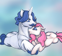 Size: 1280x1148 | Tagged: safe, artist:ronniesponies, fancypants, fleur-de-lis, pony, unicorn, g4, bedroom eyes, cuddling, cute, eye contact, eyeshadow, female, floppy ears, holding hooves, makeup, male, on side, open mouth, ship:fancyfleur, shipping, size difference, smiling, snuggling, straight