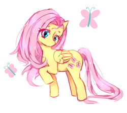 Size: 879x788 | Tagged: safe, artist:shiroegi, fluttershy, butterfly, pegasus, pony, g4, eye clipping through hair, female, folded wings, head tilt, raised hoof, simple background, solo, standing, stray strand, turned head, white background