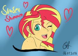 Size: 1280x914 | Tagged: dead source, safe, artist:owlisun, sunset shimmer, equestria girls, g4, cute, digital art, female, freckles, heart, humanized, looking at you, open mouth, peppered bacon, solo, wink