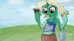 Size: 1920x1080 | Tagged: safe, artist:tunskaa, lyra heartstrings, pony, unicorn, semi-anthro, g4, bag, bipedal, book, clothes, female, food, hat, ice cream, mare, plastic bag, solo