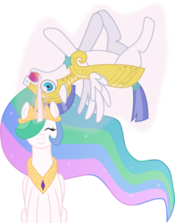 Size: 1797x2297 | Tagged: safe, artist:crunchnugget, princess celestia, alicorn, pegasus, pony, g4, brushie, duo, female, jewelry, magic, male, mare, regalia, royal guard, simple background, spread wings, stallion, transparent background, trollestia, wings