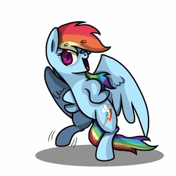 Size: 894x894 | Tagged: safe, artist:stormytheloner, rainbow dash, pony, g4, bipedal, female, looking at you, one eye closed, open mouth, raised leg, simple background, smiling, solo, white background