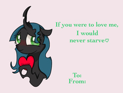 Size: 1024x768 | Tagged: safe, artist:stormytheloner, queen chrysalis, pony, g4, blushing, bust, curved horn, dialogue, female, heart, horn, looking at you, simple background, slit pupils, smiling, solo, valentine, white background