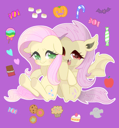 Size: 600x643 | Tagged: safe, artist:puchiko, fluttershy, bat, bat pony, ghost, pony, g4, apple, candy, chocolate, cookie, cute, fangs, floppy ears, flutterbat, food, heart eyes, jack-o-lantern, lollipop, looking at you, marshmallow, muffin, open mouth, pixiv, purple background, self ponidox, shyabetes, simple background, smiling, wingding eyes