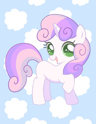 Size: 600x770 | Tagged: safe, artist:puchiko, sweetie belle, g4, cloud, cute, diasweetes, female, looking at you, pixiv, raised hoof, simple background, solo