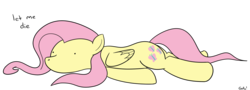 Size: 1499x539 | Tagged: safe, artist:rapidstrike, fluttershy, pony, g4, female, folded wings, kill me, no mouth, prone, simple background, solo, speech bubble, transparent background