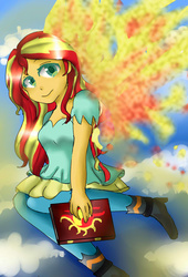 Size: 800x1176 | Tagged: safe, artist:ugardian34, sunset shimmer, equestria girls, g4, book, female, fiery shimmer, happy, smiling, solo, sunset phoenix