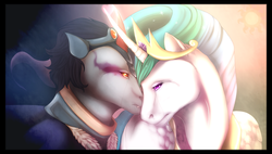 Size: 1600x908 | Tagged: safe, artist:inushiri, king sombra, princess celestia, pony, g4, colored horn, crying, curved horn, duo, female, former good king sombra, horn, male, ship:celestibra, shipping, sombra eyes, sombra horn, straight