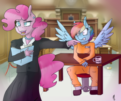 Size: 3000x2500 | Tagged: safe, artist:tobisio, pinkie pie, rainbow dash, anthro, g4, ace attorney, b-f16, clothes, court, courtroom, duo, high res, jumpsuit, lawyer, mia fey, prison outfit, prisoner rd