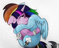 Size: 1707x1375 | Tagged: safe, artist:mylittlelevi64, rainbow dash, twilight sparkle, alicorn, pony, g4, crying, duo, female, lesbian, mare, ship:twidash, shipping, twilight sparkle (alicorn)