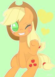 Size: 700x989 | Tagged: safe, artist:puchiko, applejack, g4, female, grin, heart, looking at you, raised hoof, simple background, sitting, solo, wink