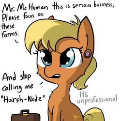 Size: 792x792 | Tagged: safe, artist:tjpones, ms. harshwhinny, earth pony, pony, g4, cultural difference, cultural differences, culture clash, cute, dialogue, female, implied human, mare, nudity, open mouth, professionalism, sitting, solo, unprofessional, we don't normally wear clothes