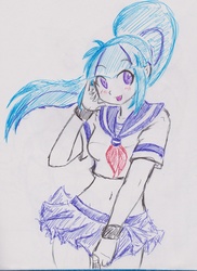 Size: 1928x2652 | Tagged: safe, artist:elgatosabio, sonata dusk, equestria girls, g4, belly button, blushing, clothes, female, midriff, school uniform, simple background, solo, tongue out, traditional art