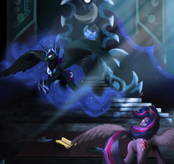Size: 4342x4075 | Tagged: safe, artist:vinicius040598, nightmare moon, twilight sparkle, alicorn, pony, g4, the cutie re-mark, absurd resolution, alternate timeline, butt, crepuscular rays, female, mare, nightmare takeover timeline, plot, rearing, spread wings, twilight sparkle (alicorn)