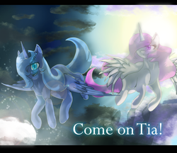 Size: 1900x1638 | Tagged: safe, artist:galaxyblues, princess celestia, princess luna, g4, flying, moon, pink-mane celestia, s1 luna, sun, younger