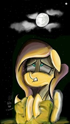 Size: 720x1280 | Tagged: safe, artist:wilterwind, fluttershy, g4, blanket, camping, female, floppy ears, full moon, lip bite, night, scared, solo