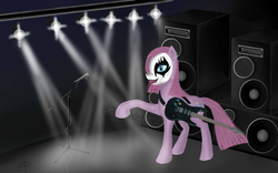 Size: 3200x2000 | Tagged: safe, artist:dezdark, pinkie pie, g4, black metal, corpse paint, electric guitar, female, guitar, high res, lights, metal, microphone, musical instrument, pinkamena diane pie, solo, stage