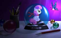 Size: 1024x641 | Tagged: safe, artist:dezdark, sweetie belle, butterfly, g4, female, pencil, snow globe, solo