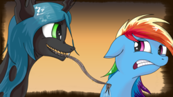 Size: 1920x1080 | Tagged: dead source, safe, artist:konik006, queen chrysalis, rainbow dash, changeling, changeling queen, pegasus, pony, g4, bad touch, cringing, disgusted, do not want, drool, drool string, eye contact, fangs, female, floppy ears, forked tongue, frown, gritted teeth, licking, lidded eyes, long tongue, looking at each other, mare, nose wrinkle, personal space invasion, sharp teeth, taste the rainbow, teeth, tongue out
