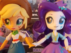 Size: 4608x3456 | Tagged: safe, applejack, rarity, equestria girls, g4, doll, equestria girls minis, exploitable meme, female, holding hands, irl, lesbian, photo, ship:rarijack, shipping, toy