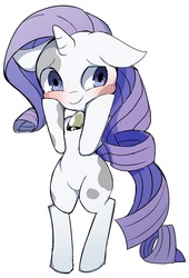 Size: 1024x1510 | Tagged: safe, artist:skippy_the_moon, rarity, cow, pony, unicorn, g4, bipedal, blushing, cowbell, female, floppy ears, raricow, solo, species swap