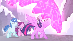 Size: 1920x1080 | Tagged: safe, screencap, double diamond, night glider, party favor, sugar belle, twilight sparkle, alicorn, pony, g4, the cutie map, female, force field, magic, mare, protecting, twilight sparkle (alicorn)