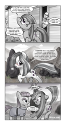 Size: 666x1260 | Tagged: safe, artist:pencils, marble pie, maud pie, oc, oc:anon, earth pony, human, pony, comic:anon's pie adventure, g4, blushing, comic, female, human fetish, human male, male, mare, maud being maud, monochrome, startled, tongue out