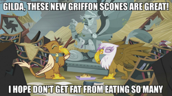 Size: 911x510 | Tagged: safe, edit, edited screencap, idw, screencap, gilda, greta, king grover, griffon, g4, spoiler:comic, alternate plumage, error, grammar error, image macro, meme, the infamous greta discrepancy, you had one job