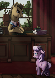 Size: 980x1400 | Tagged: dead source, safe, artist:28gooddays, diamond tiara, filthy rich, earth pony, pony, fanfic:paper promises, g4, desk, fanfic art, father and daughter, female, floppy ears, frown, male, solo, stallion