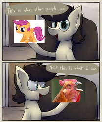 Size: 851x1024 | Tagged: safe, artist:marsminer, edit, scootaloo, oc, oc:keith, chicken, g4, explicit source, scootachicken, this is what i see